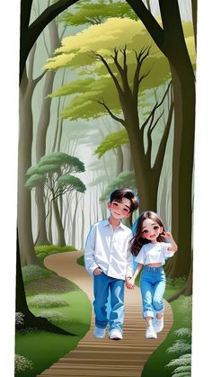 a painting of two children walking down a path in the woods with trees on either side