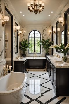 an elegant bathroom with marble floors and black cabinets, chandelier, bathtub