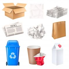 various types of trash cans and boxes with newspaper on the white background - stock photo