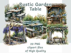 the rustic garden table is painted in watercolor