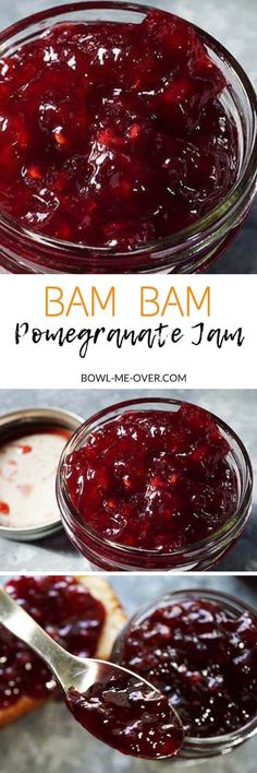 two images showing how to make homemade berry jam in glass bowls with spoons on the side