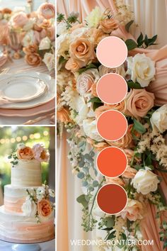 the wedding cake is decorated with flowers and greenery, along with peach colored colors