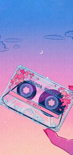 an illustration of a hand holding up a cassette with flowers on it and the sky in the background