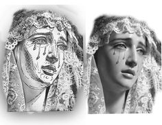 two different images of women with faces painted on them, one in black and white