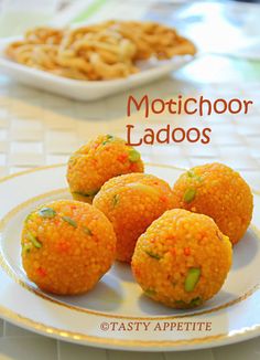 some food is sitting on a plate with the words motichor ladoos