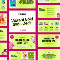 a bunch of different slides that are on a pink and green background with the words vibrant bold slide deck