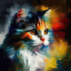 a painting of a cat with orange, yellow and blue colors on it's face