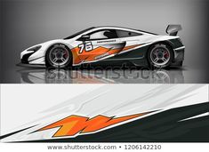 an orange and white racing car with black stripes on the front, side and back