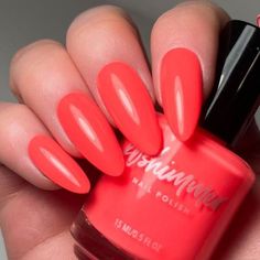 Totally Outrageous is a neon red-orange creme polish that will take you back. This vibrant coral shade leans slightly orange for a radiant color ideal for warm summer days. Two to three coats offer full coverage for this blacklight reflective shade. This bold shade is nearly impossible to capture accurately on camera, but rest assured this neon shade is shockingly beautiful in person.The Mix It Up CollectionGet out your neon, pop in your favorite mixtape, and join KBShimmer as we head back in ti Timeless Nail Color, Kids Nail Polish, Nail Tek, Hair Roller, Sky Nails, Gel Couture, Gelish Nails, Daisy Nails, Glitter Gel Nails