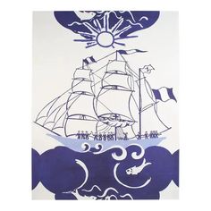 a blue and white painting with a ship in the ocean on it's side