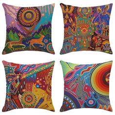 four pillows with different designs on them, one is colorful and the other has an abstract design