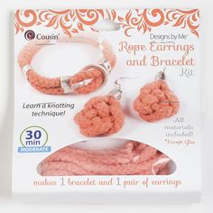 the craft kit includes two bracelets, earrings and earring sets in pink yarn