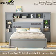 queen size bed with cabinet and drawers gray