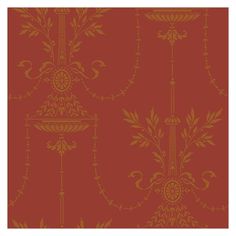 a red and gold wallpaper with an ornate design on the bottom half of it