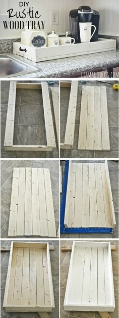 the steps to make a diy wood tray from old pallets are shown in several different ways