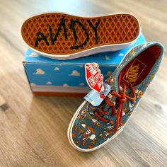 Authentic Toy Story Vans. New With Tags, Never Worn, And They Come In The Original Disney Toy Story Box. Size Is 5.5 In Women And 4.0 In Men. Toy Story Andy, Toy Story Woody, Disney Shoes, Vans Blue, Woody Toy Story, Shoes Vans, Denim Shoes, Disney Toys, Vans Authentic