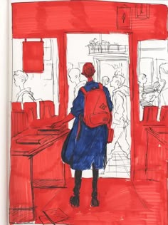 a drawing of a woman with a red backpack in a room full of other people