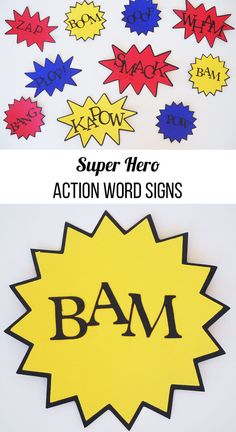 an action word sign made out of paper with the words super hero in different colors