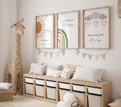 a child's room decorated in neutral colors