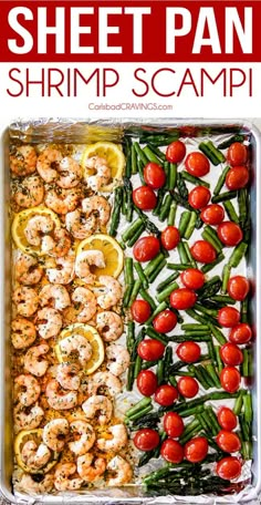 sheet pan shrimp scampp with tomatoes, green beans and lemons on top