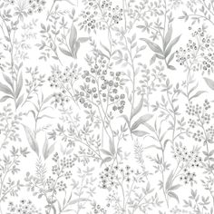 a white and gray floral wallpaper with small grey flowers on the left hand side