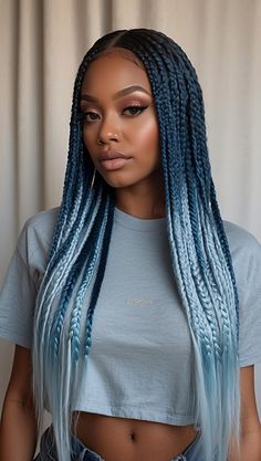 Unleash your inner fashionista with our Must-Try Ombre Blue Knotless Braids Styles. Explore our website for endless hair inspiration. Blue Box Braids, Colored Box Braids, Ombre Braid, Beautiful Braided Hair, Colored Braids, Beautiful Dreadlocks, Braided Hairstyles Easy