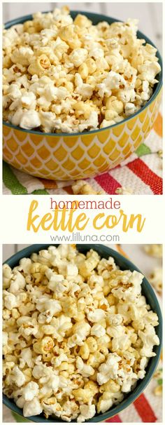 homemade kettle corn in a yellow bowl on a colorful tablecloth with the words, how to make kettle corn