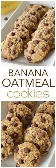 banana oatmeal cookies with chocolate chips on top and in the middle, sitting on a white plate