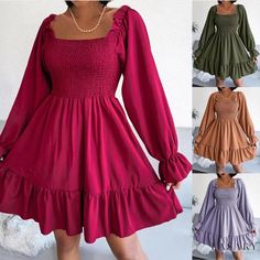 Lasaky - Flared Long Sleeve Ruffled Hem A-Line Maxi Dress with Mandarin Collar Trumpet Sleeve Dress, Long Sleeve Ruffle Dress, A Line Maxi Dress, Mid Skirt, Olive Dress, Trumpet Sleeve, Flare Long Sleeve, Knitted Bodycon Dress, High Waist Fashion