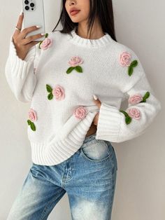 Flower Decal Crewneck Long Sleeve Sweater For Women Multicolor Casual  Long Sleeve Fabric Floral,Plants Pullovers Medium Stretch Spring/Fall Women Clothing, size features are:Bust: ,Length: ,Sleeve Length: Sweaters For Women Stylish Sweaters For Women, Rose Pattern Sweater, Sweaters For Women Shein, Pink Daisy Sweater, Floral Sweaters, Cold Weather Outfit, Floral Pullover, Wedding Crafts Diy, Halloween Costume Accessories