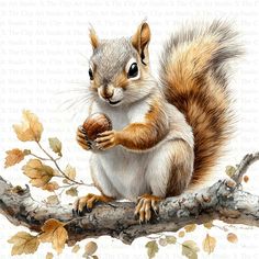 a painting of a squirrel holding an acorn on a tree branch