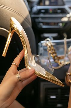 Clear Pumps, Single Sole Heels, Clear Strap Heels, Pointy Heels, Mule Heels, Miss Lola, Fashion Shoes Heels, Gold Stock, Gold Beauty