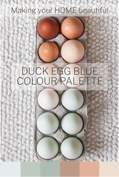 an egg carton filled with eggs on top of a white blanket and the words making your home beautiful duck egg blue color palette