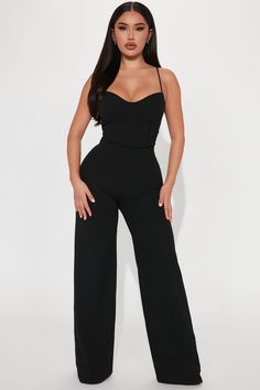 Available In Mocha And Black. Jumpsuit Spaghetti Straps Sweetheart Neckline Faux Corset Wide Leg Pant Self 96% Polyester 4% Spandex Lining 100% Polyester Stretch Imported | Taking Notes Jumpsuit in Black size Medium by Fashion Nova Black Jumper Outfit, Fashion Nova Jumpsuit, Jumper Outfit, Taking Notes, 60 Fashion, Fashion Sewing Pattern, Wide Leg Pant, Black Romper