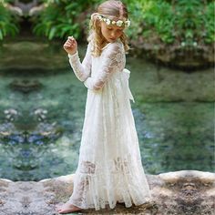 Silhouette:A-Line; Hemline / Train:Floor Length; Closure:Covered Button; Fully Lined:No; Category:Flower Girl Dresses; Embellishment:Belt,Bow(s),Lace; Season:Fall,Spring; Fabric:Lace; Sleeve Length:Long Sleeve; Style:Beach,Lace Back,Boho; Occasion:Wedding Party,First Communion; Waistline:Natural; Neckline:Illusion Neck; Bust:; Hollow to Floor:; Waist:; Includes:Dresses; Size Range:Girls Ivory Girls Dress, Perfect Bow, Infant Flower Girl Dress, Ivory Lace Dress, Rustic Wedding Dresses, Baby Flower, Baptism Dress, Etsy Wedding Dress