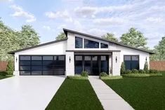 this is a computer rendering of a modern style house with large windows and lots of grass