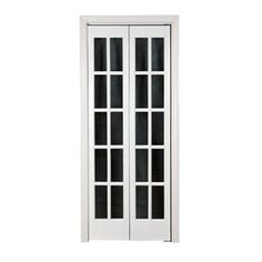 an open white door with black glass on the front and side doors to both sides