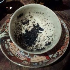 a white cup filled with dirt on top of a saucer