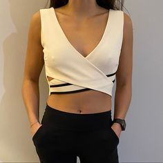 Cute Cream And Black Trim Cropped Top With Cut Out Details. Never Worn! Great Condition. Zara Crop Top, New Wardrobe, Cropped Top, Black Trim, Zara Tops, Black Cream, Bones, Cut Out, Crop Top