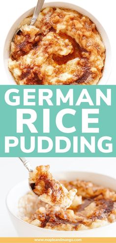 german rice pudding in a white bowl with a spoon and text overlay that reads, germany rice pudding