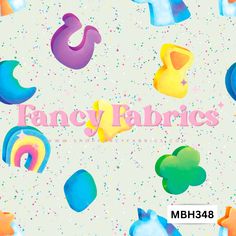 the word fancy fabrics is surrounded by rainbows and stars