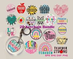 a keychain that has some stickers on it with the words teacher strong