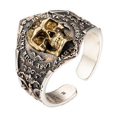 PRICES MAY VARY. Material:925 Sterling Silver,Brass(Golden Part) Width:19mm;N.W.:Around 6g Size S:adjustable 7-8(54-56mm circumference),please adjust the size with tools(cone/hammer),or consult local jewelry shop for assistance. Aging Process--Base silver skull ring was putting into special solution for vintage effect(black color),then polished. Welcome to come to us if you need any assistance for the order.We will try to contact you back within 12 hours. Men's Pinky Ring 925 Sterling Silver Gol Mens Pinky Ring, Silver Skull Ring, Local Jewelry, Skull Ring, Pinky Ring, Engraved Rings, Sterling Silber, Quartz Watch, 925 Sterling Silver