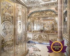 an ornate bathroom with gold and white decor