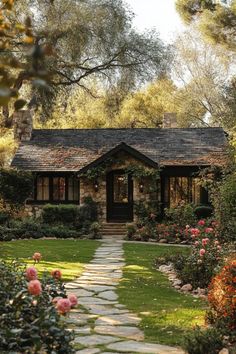 a stone path leading to a house in the woods