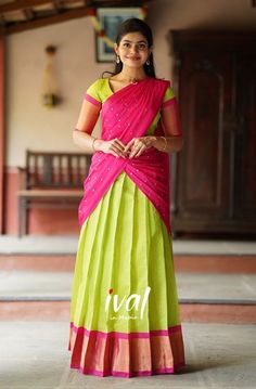 Green And Pink Half Saree, Light Green Skirt, Telugu Culture, Girls Dresses Diy, Traditional Silk Saree