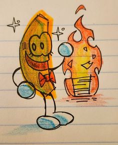 a drawing of a banana and fire on lined paper