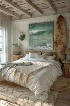 a large bed sitting in a bedroom on top of a wooden floor next to a window