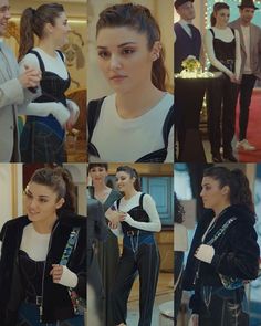 the collage shows several images of people in different outfits, including one woman wearing black and