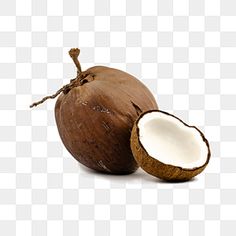 an open coconut next to it's cut in half